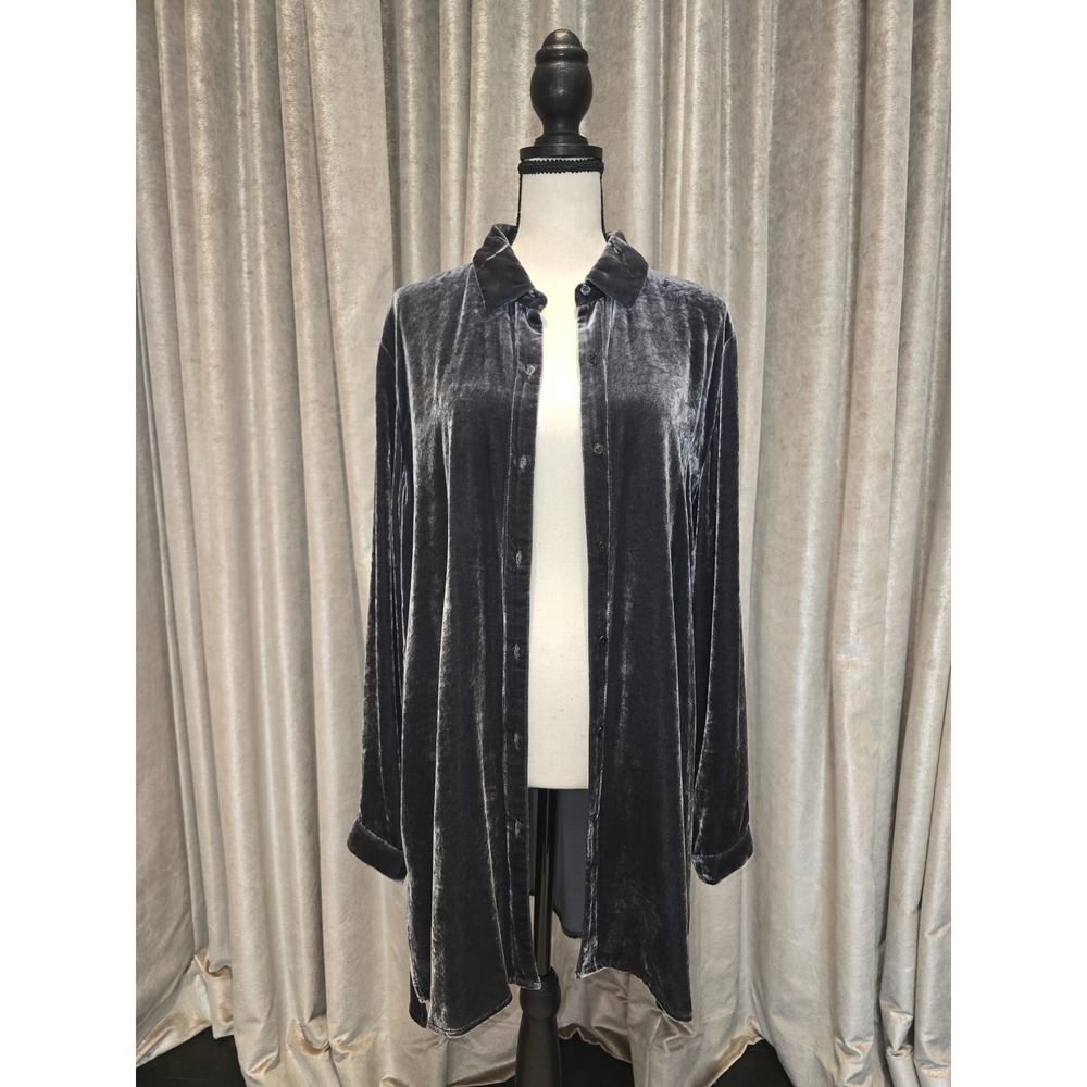 Eileen Fisher Women Charcoal Grey Silk Blend Velvet Button Up Tunic Shirt SP